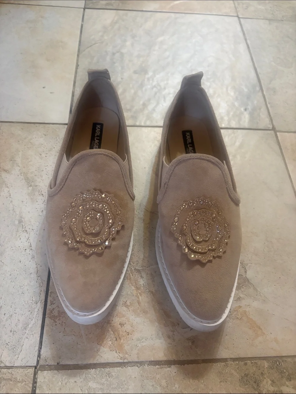 Karl Lagerfeld Taupe Slip-On Suede Loafers with Embellished Medallion